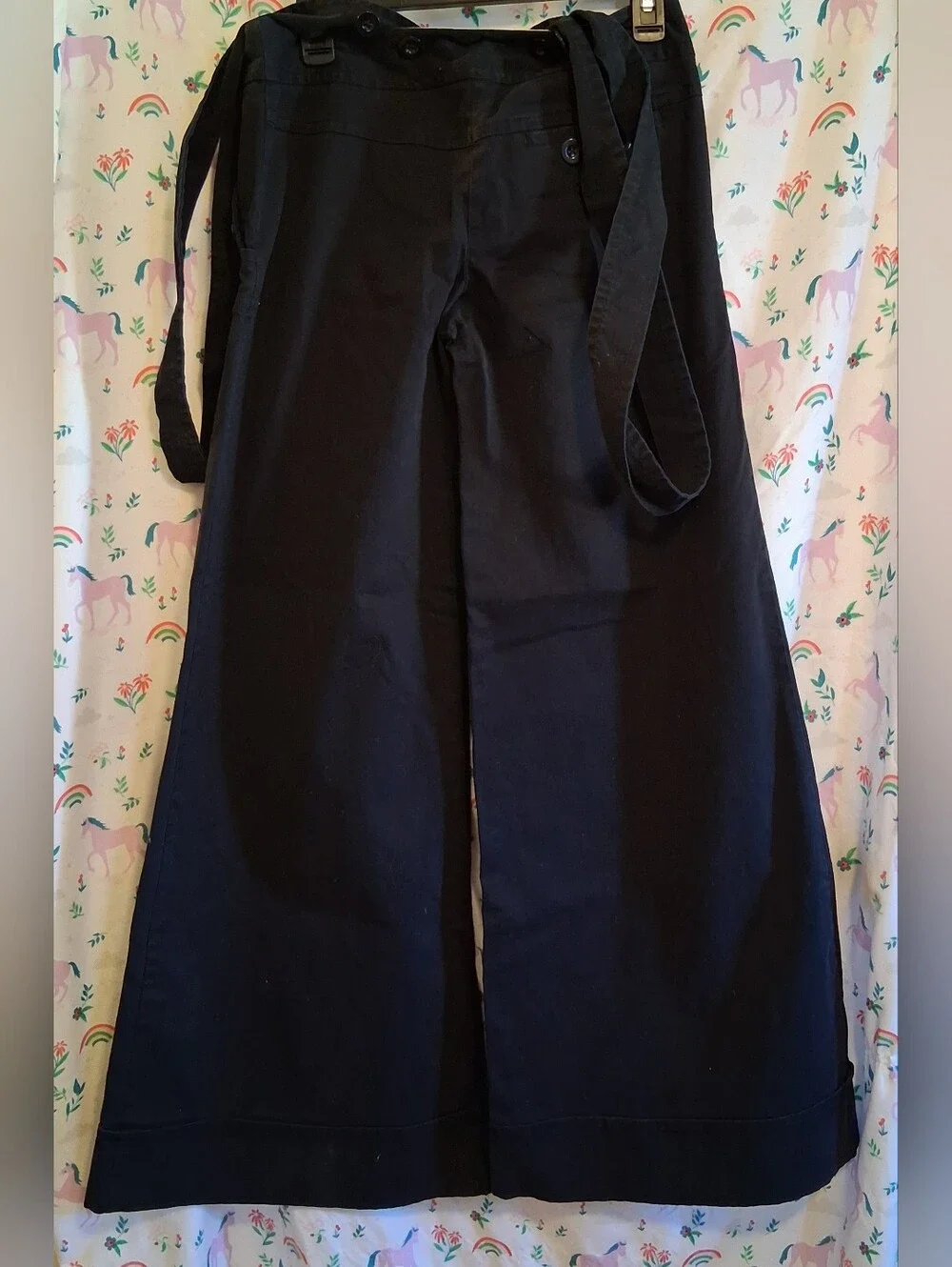 NWOT Anthropologie Elevenses Black Ribbed Extra Wide Flare Suspender Pant SZ 2